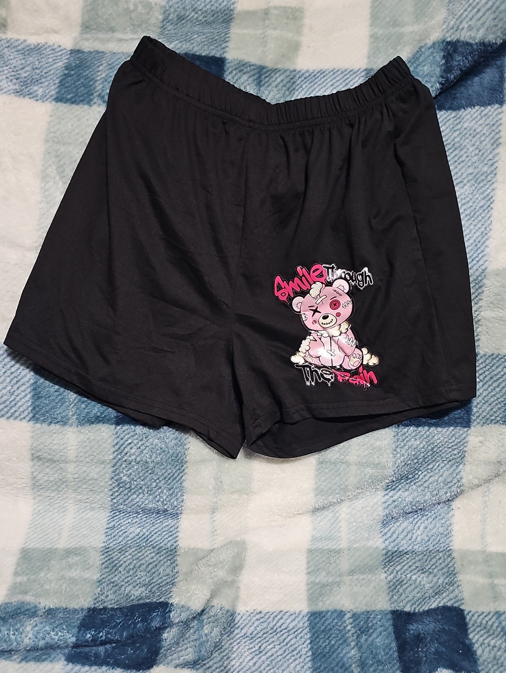 SHEIN Black Lounge Shorts with Pink Bear Print